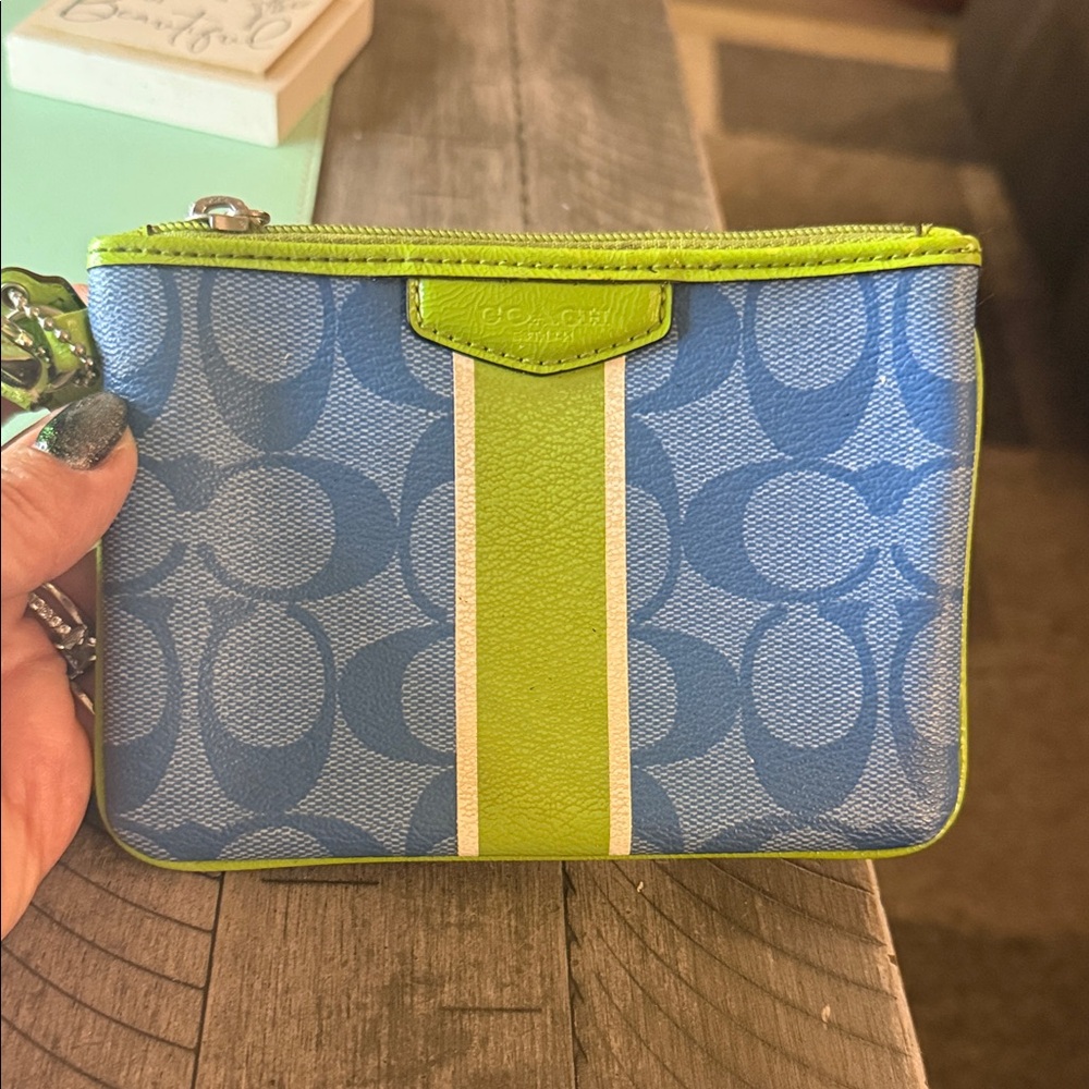 Coach Signature Vermillion Wristlet Coated Canvas w/ Patent Blue & Green #F51233